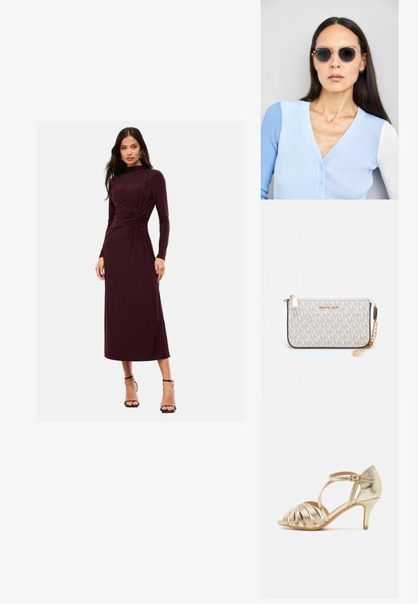 Burgundin pitkähihaisessa mekossa on vääntödesign vyötäröllä, se on tehty sileästä kankaasta, nilkkapituinen, ja se on yhdistetty mustiin remmikorkokenkiin.; Kultaiset metalliset korkokengät, joissa on ristikkäiset hihnat, avoin varvas, säädettävä nilkkahihna soljella ja hoikka korko.; Pyöreät aurinkolasit, joissa on tummat linssit ja kultaiset kehykset. Mallilla on päällään vaaleansininen, ribatusta materiaalista valmistettu neuletakki, jossa on napit ja kontrastiväriset valkoiset hihat.; Michael Kors kääröbeige pinnoitettua kangasta, jossa on toistuva MK-logo -kuvio, kultaiset yksityiskohdat ja irrotettava ketjuhihna.