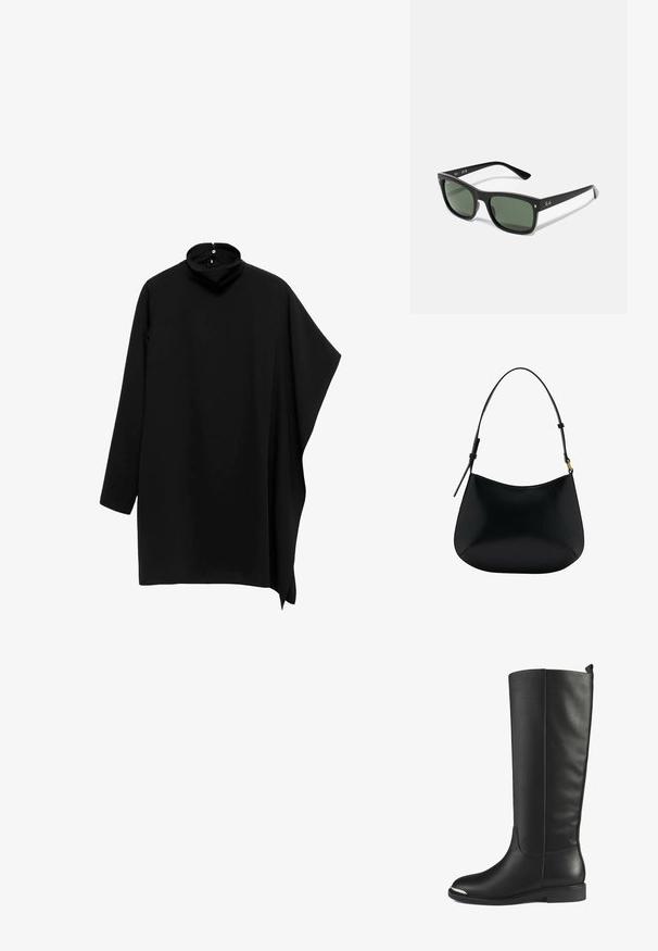 Schwarzes Oberteil mit hohem Kragen und langen Ärmeln, asymmetrisches Design und fließendem Stoff; verfügt über einen Knopfverschluss am Rücken des Kragens.; Knöchelhohe schwarze Lederstiefel mit glatter Textur, runder Zehenform und silbernem Akzent an der Zehe. Mit flachem, niedrigem Absatz und nahtlosem Design.; Schwarze rechteckige Sonnenbrille mit dunkelgrünen Gläsern, aus Kunststoff gefertigt, mit metallischen Details in der Nähe der Gläser und dem Markenlogo am Bügel.; Schwarze Ledertasche mit schmalem Design, geschwungener Form und verstellbarem Griff. Verfügt über minimale Nähte und ein schlichtes Design.