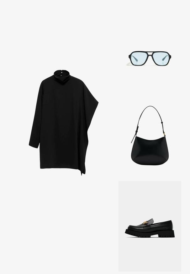 Black high-neck top with long sleeves, asymmetrical design, and flowing fabric; features a button closure at the back of the collar.; Black leather loafer with chunky black sole and gold buckle detail on the front. Features stitching along the toe and sleek design.; Black sunglasses with rectangular frames, blue-tinted lenses, and a distinctive bridge design. Sleek finish, understated texture.; Black leather shoulder bag with a smooth texture, curved shape, and adjustable handle. Features minimal stitching and a simple design.
