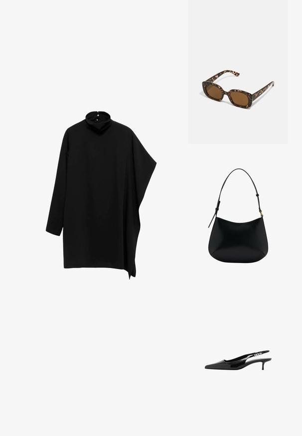 Černý top s vysokým límcem a dlouhými rukávy, asymetrický design a splývavá látka; má knoflíkové zapínání na zadní straně límce.; Černá lakovaná slingback obuv s špičatou špičkou a nízkým podpatkem. Obsahuje kovový akcent po celé délce pásku pro vylepšení detailu.; Sluneční brýle ve skořápce želvy s kulatým, širokým rámem a hnědými čočkami. Mají jemné vzory a rovné, zúžené stranice.; Černá kožená taška přes rameno s hladkým povrchem, zakřiveným tvarem a nastavitelným uchem. Má minimální prošívání a jednoduchý design.; Černá kožená taška přes rameno s hladkým povrchem, zakřiveným tvarem a nastavitelným uchem. Má minimální prošívání a jednoduchý design.