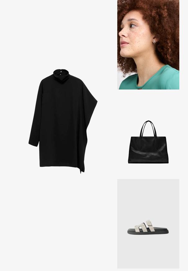 Černý top s vysokým límcem a dlouhými rukávy, asymetrický design a splývavá látka; má knoflíkové zapínání na zadní straně límce.; Černé ploché sandály na klínku se dvěma vertikálními pásy zdobenými stříbrnými rhinestony, gumová textura a jemný vzor na podešvi.; Černá kožená taška na rameno s dvěma dlouhými uchy, strukturovaným tvarem, hladkou texturou a minimalistickým designem. Žádné viditelné kovové prvky ani ozdoby.; Stříbrné náušnice ve tvaru kruhu s texturovaným okrajem, nošené osobou s kudrnatými hnědočervenými vlasy, oblečenou v zeleném topu.