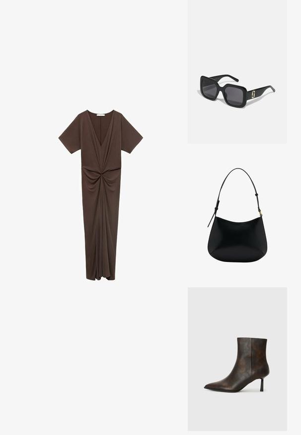 Robe brune, longueur genou, en tissu doux, avec un décolleté en V profond, des manches courtes et un détail froncé à la taille. Texture lisse.; Bottine en cuir marron avec un bout pointu, un design élégant et un fine talon noir. Surface texturée avec un motif subtil.; Lunettes de soleil noires avec une monture carrée épaisse, verres sombres, finition brillante et un détail en or sur les branches.; Sac à épaule en cuir noir avec une texture lisse, une forme courbe et une poignée ajustable. Présente des coutures minimales et un design simple.