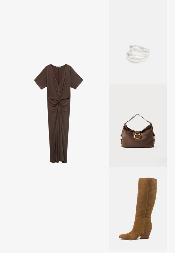 Ruskea, polvipituinen mekko pehmeästä materiaalista, syvällä V-pääntiellä, lyhyillä hihoilla ja vyötäröllä rypytetyllä yksityiskohdalla. Sileä pinta.; Guess CALLY - Biker-/cowboysaappaat - brown; Ruskea nahkalaukku, jossa on teksturoitu pinta, kultasävyisellä kiinnityksellä ja yhdellä kaarevalla olkahihnalla.; Hopeinen kaksinkertainen rengas, jossa on sileä, kiillotettu pinta. Siinä on sulava, kaareva muotoilu, jossa on päällekkäisiä osia modernin ilmeen saavuttamiseksi.