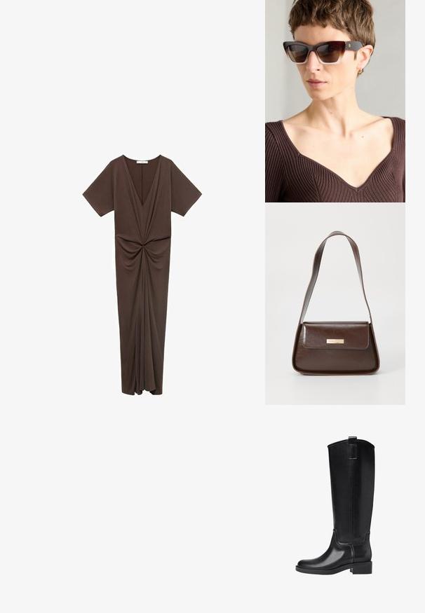Smeđa haljina do koljena u mekanom materijalu, s dubokim V izrezom, kratkim rukavima i naborom na struku. Glatka tekstura.; Crne čizme do koljena napravljene od glatkog sintetičkog materijala. Imaju zaobljen vrh, nisku blok petu i vertikalne šavove.; Smeđe mačkaste naočale s gradijentnim lećama, debelim okvirom od kornjačevine i kontrastnim tamnim krakovima s suptilnim detaljem logotipa.; Smeđa kožna torba za rame sa strukturiranim oblikom, koja ima magnetsko zatvaranje na preklopu i metalni logo akcent na prednjoj strani.