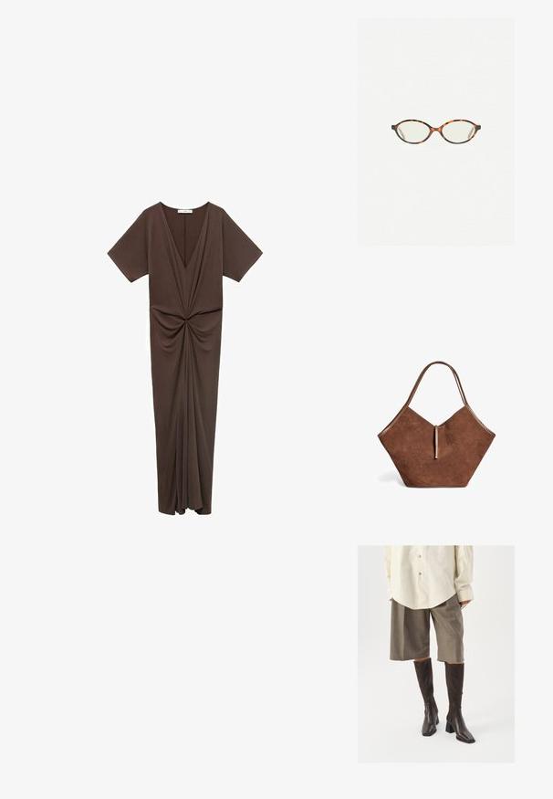 Hnedé šaty po kolená z jemného materiálu s hlbokým V-výstrihom, krátkymi rukávmi a zberaním v oblasti pása. Hladká textúra.; Hnedé čižmy po kolená so štvorcovou špičkou a blokovým podpätkom, skombinované s béžovou oversized košeľou a hnedými kockovanými culottes.; Korytnačkové okuliare s oválnymi šošovkami a hladkým, lesklým povrchom. Majú tenké strany s jemným zakrivením na spánkoch. Priehľadné šošovky.; Hnedá semišová taška s koženými detailmi a tenkým uzáverom, s mäkkým, širokým a mierne uhlovým tvarom.