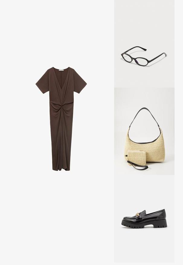 Rjava obleka do kolen iz mehkega materiala, z globokim V-izrezom, kratkimi rokavi in nabrano podrobnostjo v pasu. Gladka tekstura.; Črne lakirane usnjene loafer čevlje z debelim, zobatim črnimi podplati in zlatim okrasjem spredaj. Gladka površina, klasičen dizajn.; Črne ovalne okvirne očala z prosojnimi vijoličnimi detajli na lečah. Okviri imajo mat zaključek in vitke, ravne nogice.; Tkana torbica iz slame s zakrivljenim siluetom, ki vključuje gladek črn usnjen trak in usklajen majhen žep, pritrjen z ročajem za zapestje.