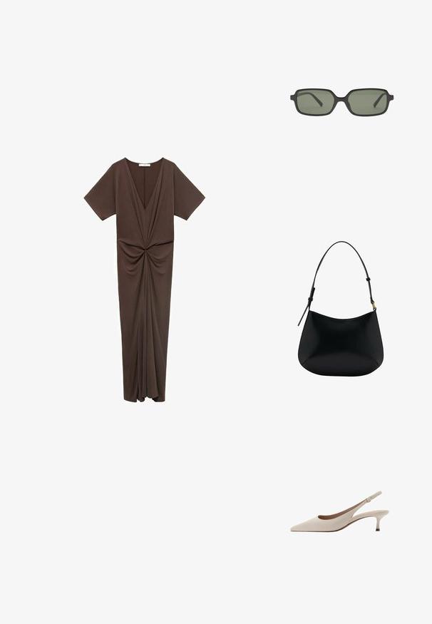 Smeđa haljina do koljena u mekanom materijalu, s dubokim V izrezom, kratkim rukavima i naborom na struku. Glatka tekstura.; Bež sandale s potpeticom, s uskim vrhom i niskom, proširenom potpeticom. Izrađene od glatke kože s minimalističkim dizajnom i podesivim remenom.; Crne pravokutne sunčane naočale s tamnozelenim lećama, s ravnim dizajnom, minimalističkim bočnim dijelovima i laganim okvirom za udobnost.; Crna kožna torba za rame s glatkom teksturom, zakrivljenim oblikom i podesivom drškom. Sadrži minimalne šavove i jednostavan dizajn.