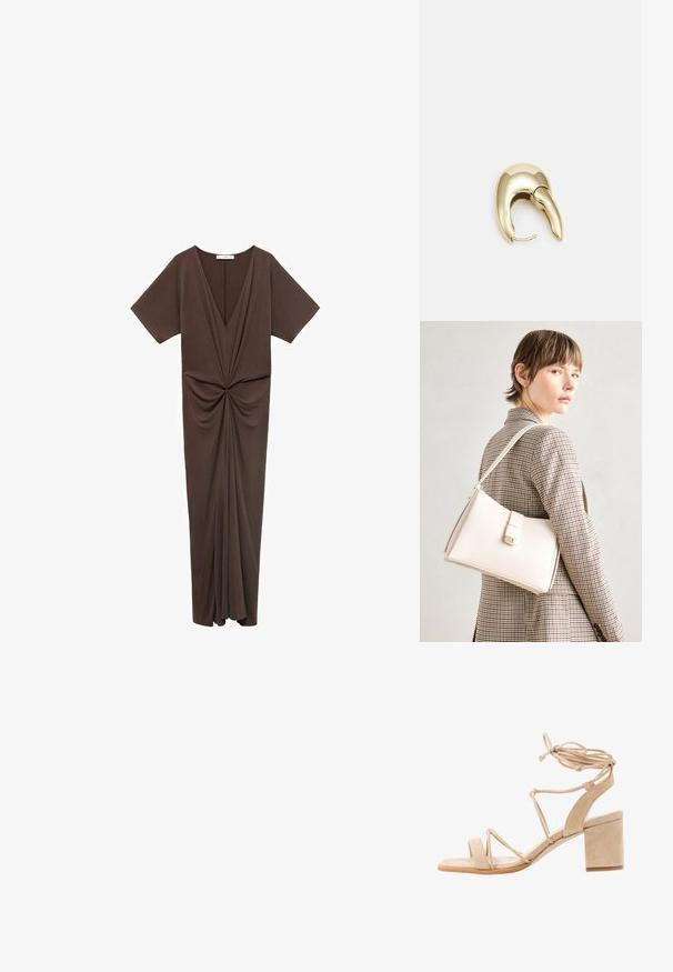 Smeđa haljina do koljena u mekanom materijalu, s dubokim V izrezom, kratkim rukavima i naborom na struku. Glatka tekstura.; Bež nubuk sandala s visokom potpeticom i blok petom, otvorenim prstima i ukrštenim trakama koje se omotavaju oko gležnja. Glatka tekstura, minimalistički dizajn.; Bijela kožna torba s čvrstim dizajnom, s magnetskim kopčanjem i remenom za rame, prikazana na neutralnoj pozadini.; Zlatne metalne naušnice s elegantnim, zakrivljenim dizajnom. Imaju karakterističan šiljast oblik, poliranu površinu i zatvaranje na šarku.