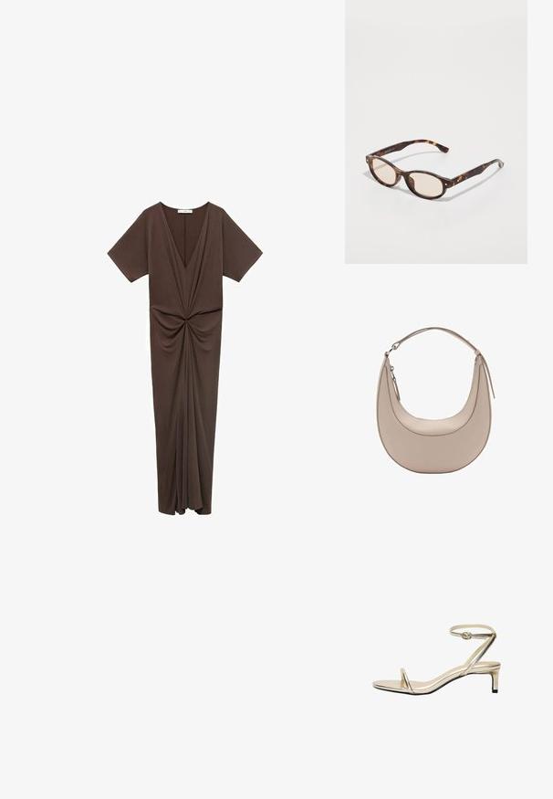 Robe brune, longueur genou, en tissu doux, avec un décolleté en V profond, des manches courtes et un détail froncé à la taille. Texture lisse.; Sandale dorée métallique avec une fine bride de cheville, bout ouvert et un petit talon carré. Présente un design minimaliste et une texture lisse.; Lunettes de soleil écaille de tortue avec une forme arrondie et des verres clairs. Présentent des branches robustes avec de petites accents dorés, fabriquées en matériau plastique.; Sac à épaule en cuir beige de forme croissante, texture lisse, avec une seule poignée courbée. Il possède une fermeture zippée et des coutures soignées.