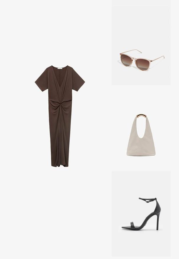 Ruskea, polvipituinen mekko pehmeästä materiaalista, syvällä V-pääntiellä, lyhyillä hihoilla ja vyötäröllä rypytetyllä yksityiskohdalla. Sileä pinta.; Musta korkeakorkoinen sandaalit avonaisella kärjellä, ohut remmi ja nilkkahihna. Silkinpehmeä nahkapinta ja kärjen terävä muoto.; Ruskean sävyinen aurinkolasimalli, jossa on läpikuultava vaaleanpunainen runko, neliömäinen muoto ja ohuet metalliset varret. Lasimallissa on pyöristetyt reunat ja minimaalinen yksityiskohtaisuus.; Vaalea harmaa nahkalaukku, jossa on U-muotoinen muotoilu ja kaareva metallikahva. Suora pinta, jossa on minimaalinen ompelu ja ei näkyviä kuvioita.