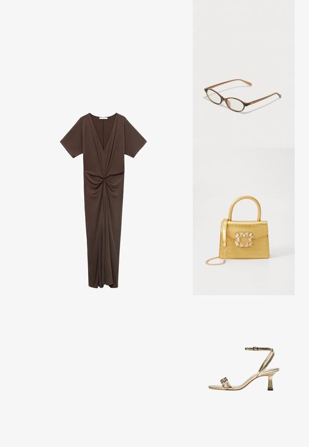 Ruskea, polvipituinen mekko pehmeästä materiaalista, syvällä V-pääntiellä, lyhyillä hihoilla ja vyötäröllä rypytetyllä yksityiskohdalla. Sileä pinta.; Kultaiset metallinhohtoiset korkokengät, joissa on nilkkaremmi, kaksi kapeaa etuosa-aitaa ja paksu korko. Sisältää koristeita.; Ruskeat kilpikonnaruutulasiset silmälasit, joissa ovaalit linssit, ohuet varret ja läpinäkyvät yksityiskohdat. Temppeleissä on huomaamaton logo. Suunnittelultaan suora ja kevyt.; Keltainen keinonahkainen krokotiililaukku, jossa on jämäkkä muotoilu, yläkahva, irrotettava ketjusanka ja koristeellinen kristallikoristelu lukossa.
