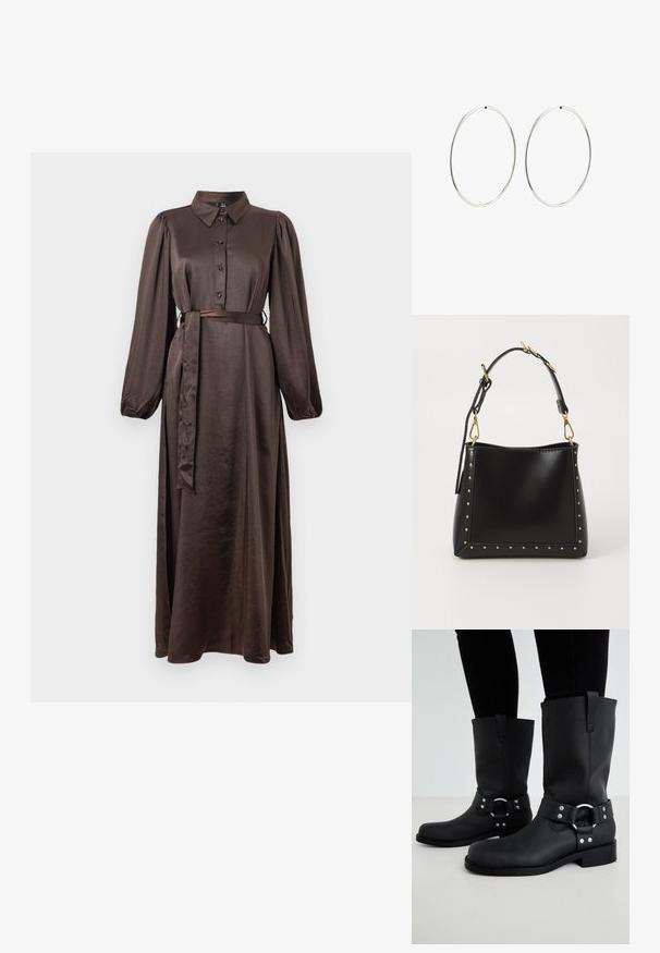 Rjava satenasta dolga obleka s ovratnikom, z gumbi spredaj, napihnjenimi dolgimi rokavi in usklajenim pasom v pasu. Gladka tekstura, dolžina maxi.; ONLY SHOES ONLBAX - Škornji v kavbojskem/motorističnem slogu - black; Črna usnjena torbica s strukturirano obliko, ki ima zlate kocke ob robovih in odstranljiv trak z zlatimi dodatki.; Srebrne obročaste uhane z gladkim, okroglim dizajnom in poliranim zaključkom. So tanke in lahke, z enostavnim zapiranjem na sponko.