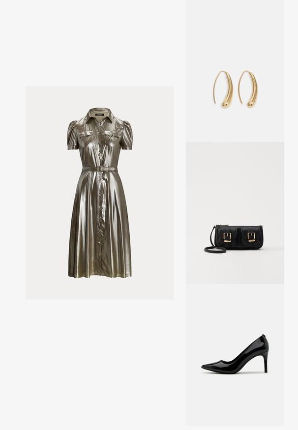 Fémes ezüst színű ingruha rövid puffos ujjakkal, gombos elülső résszel, két mellzsebbel és deréknál passzoló övvel. Sima textúra.; Fekete lakkozott bőr magassarkú cipő, hegyes orral és karcsú sziluettel, sima textúrával és minimalista dizájnnal.; Fekete bőr keresztbody táska két elülső zsebbel, arany csattokkal, cipzáras záródással és vékony pánttal. Textúrált felület és kompakt téglalap alak.; Aranyszínű fémből készült karika fülbevalók ívelt, hosszúkás formával. Simaságával és fényes felületével, valamint lekerekített végével további részletekkel bővül.