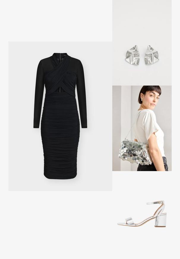 Zwarte jurk met een geplooid ontwerp, lange doorschijnende mouwen, een overslag-effect lijfje en een centrale ritssluiting aan de achterkant.; Zilveren metallic hoge sandaal met een brede te band, enkelband en blokhak. Gladde textuur met een glanzende afwerking en minimalistisch ontwerp.; Zilveren pailletten handtas met een rechthoekige vorm, een gladde textuur en een schouderriem. Bevat ronde reflecterende pailletten die in patronen zijn gerangschikt.; Zilveren metalen oorbellen met een golvend, sculpturaal ontwerp, voorzien van een gepolijste afwerking en onregelmatige vormen, die een hedendaagse esthetiek benadrukken.