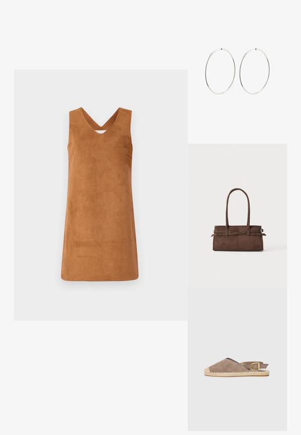 Brun ærmeløs kjole lavet af suede-lignende materiale med V-halsdesign, der har en glat tekstur og rene linjer. Ingen yderligere detaljer.; Sæde espadrille sandal i taupe, med åben bagdesign, jute sål, flad hæl, med justerbar spændeaccent, der har en kontrasterende beige tåkap.; Brun ruskinds håndtaske med to robuste håndtag, rektangulær form og dekorativt stropdetalje på forsiden.; Sølvøreringe med en glat, rund design og en poleret overflade. De er tynde og lette, og har en simpel lås.