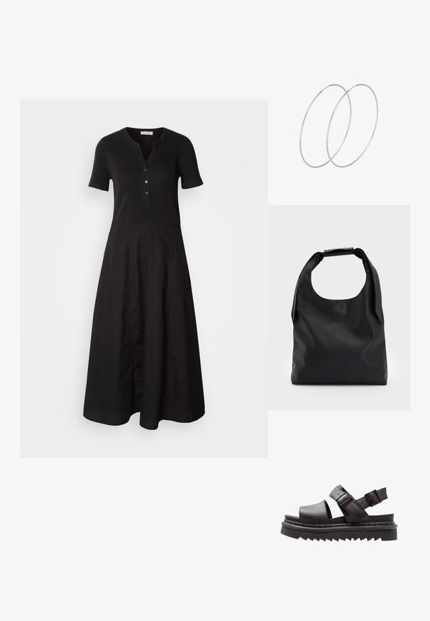 Black dress with short sleeves, ribbed bodice, and a buttoned neckline. Flared skirt design, smooth texture, knee-length.; Black leather sandals feature a wide toe strap, two adjustable buckle straps, and a thick, ridged, platform sole for stability.; Black leather handbag with a large open top and a single shoulder strap. Soft texture, minimal design, features subtle hardware accents.; Silver hoop earrings with a minimalist design. Circular shape, smooth texture, and thin profile. Lightweight with a polished finish.