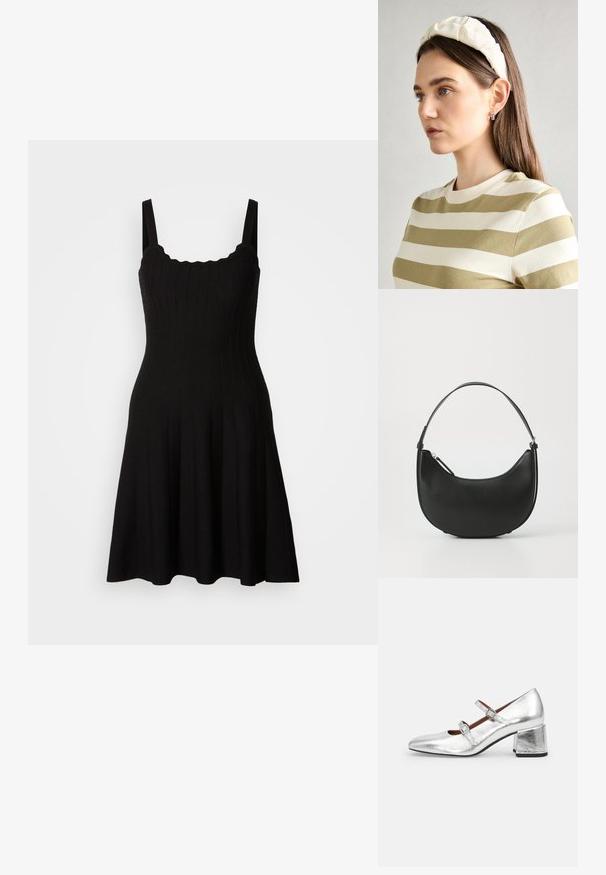Černé žebrované pletené šaty s upnutým tělem a rozšířenou sukní. Mají široká ramínka a vykrojený výstřih. Hladká textura, po kolena.; Stříbrné kožené lodičky Mary Jane s dvěma nastavitelnými pásky, čtveratou špičkou a širokým blokovým podpatkem. Hladká textura s metalickým povrchem.; Černá kožená kabelka přes rameno s zakřiveným tvarem, štíhlým držadlem a zipovým uzávěrem. Obsahuje hladký povrch a jemný detail s logem.; Krémová polstrovaná čelenka s twist designem, doplněná béžovým a bílým pruhovaným tričkem s kulatým výstřihem. Jemné šperky.