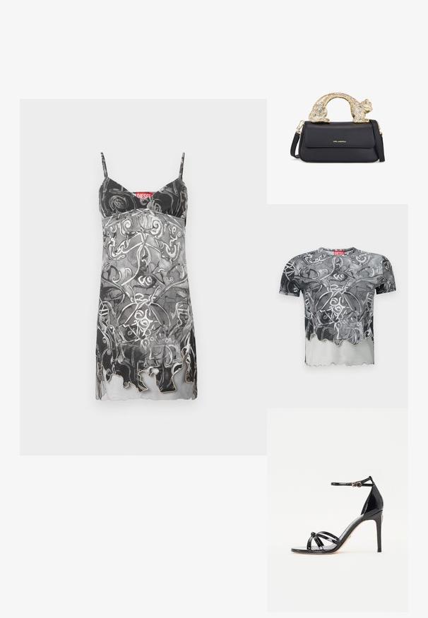 Ujjatlan fekete és szürke ruha absztrakt örvénylő mintával. Vékony pántokkal és finom hullámos szegéllyel rendelkezik. Márkacímke látható.; Fekete és szürke rövid ujjú póló, absztrakt örvénylő mintával, fodros alsó széllel és piros címkével a nyakrésznél.; Fekete lakkbőr, magassarkú szandálok több pánttal, boka pánttal, hegyes orral és arany színű fém részlettel.; Fekete bőrtáska arany macska alakú fogantyúval, elülső fedéllel, állítható pánttal és logó részlettel az alsó részen.