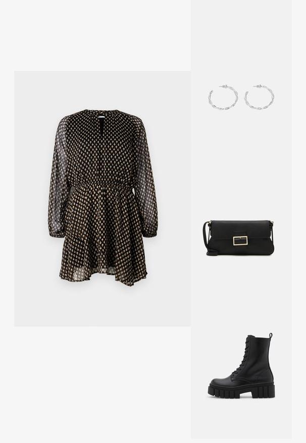 Rochie neagră cu mâneci lungi din material transparent, talie elastică și model floral auriu. Dispune de o deschidere în formă de cheie la gât și fustă în straturi.; Botine negre din piele cu talpă masivă și zimțată, cu sistem de șireturi și cârlig pentru tragere, pe fundal alb. ; Geantă de mână din piele neagră, cu clapetă și un detaliu din metal auriu. Include o curea neagră și un design elegant, minimalist.; Cercei din argint cu un design torsadat, având un finisaj lucios și închidere cu tijă. Au un diametru de aproximativ 3 cm.