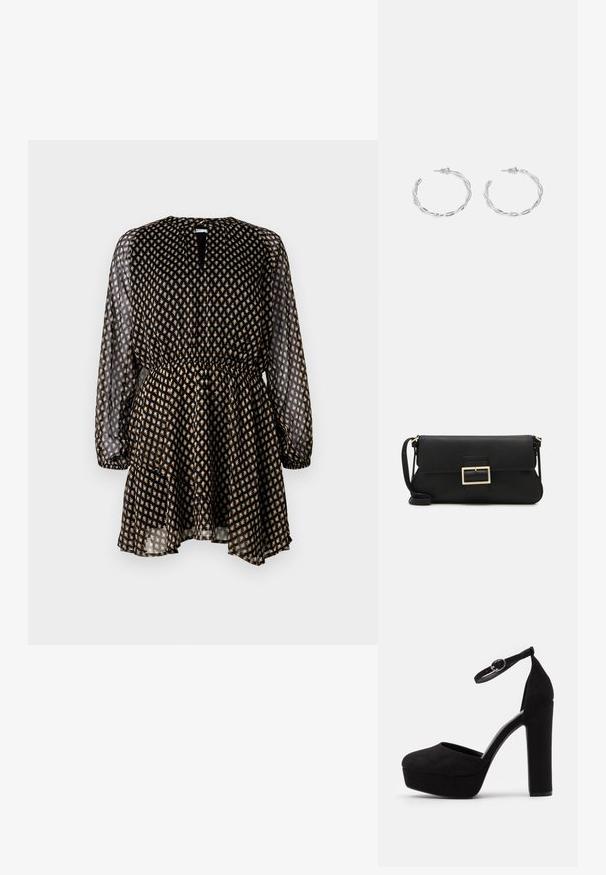 Čierne šaty s dlhými priehľadnými rukávmi, elastickým pásom a zlatým kvetinovým vzorom. Obsahujú výstrih v tvare kľúča a volánovú sukňu.; Čierne zamatové platformové podpätky s okrúhlou špičkou, remienkom okolo členku a vysokým blokovým podpätkom. Hladká textúra s matným povrchom.; Čierna kožená clutch taška s klopou a zlatým kovovým detailom s prackou. Obsahuje čierny remienok a elegantný, minimalistický dizajn.; Strieborné kruhové náušnice s prúteným dizajnom, s lešteným povrchom a zapínaním na kolíček. Majú priemer približne 3 cm.