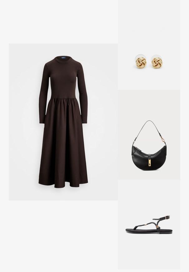 Abito lungo marrone con maniche lunghe, dotato di un corpino aderente e di una gonna svasata e arricciata. Realizzato in un tessuto morbido, presenta un colletto rotondo e un design senza cuciture.; Sandali neri piatti con cinturini intrecciati e un accent metallico. Presentano una fibbia regolabile e una suola in gomma piatta per il comfort.; Borsa a tracolla nera in pelle a forma di mezzaluna. Presenta un accento in metallo dorato e una tracolla sottile. Tessuto liscio, chiusura a cerniera nella parte superiore.; Orecchini a perno in tono oro con design intrecciato. Ogni orecchino presenta uno sfondo circolare trasparente per una vestibilità sicura.