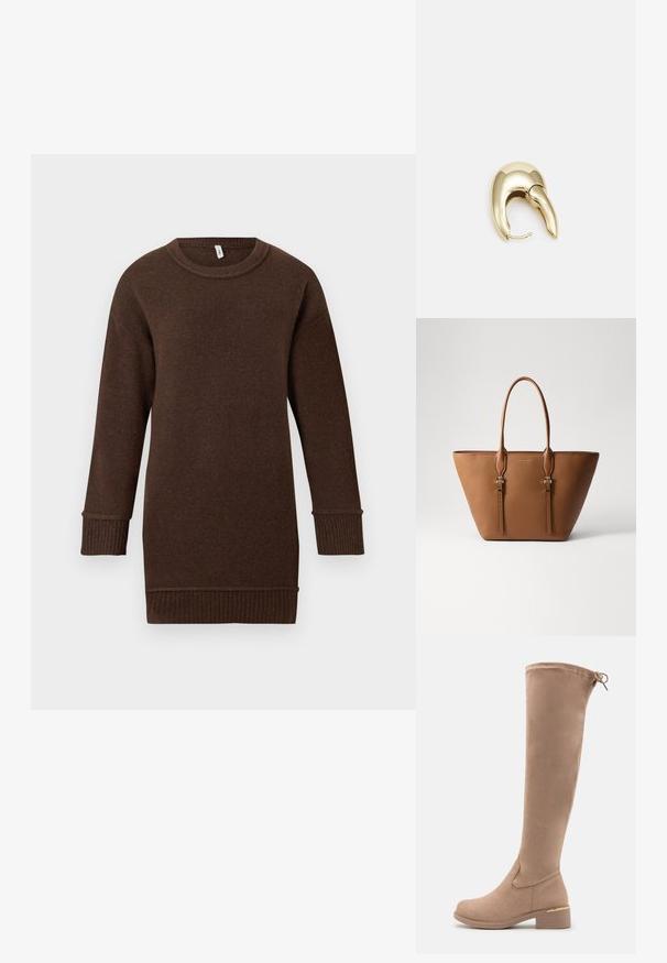 Dugi smeđi pleteni džemper s rebrastim manžetama, rubom i okruglim izrezom, prikazan na bijeloj pozadini.; Čizme od bež sueda do koljena s okruglim vrhom, blok petom i suptilnim zlatnim detaljem na peti. Glatka tekstura s prilagođenim dizajnom.; Smeđa kožna torba s teksturiranom površinom, suženim oblikom, dva čvrsta ručka i dekorativnim zlatnim metalnim detaljima.; Zlatne metalne naušnice s elegantnim, zakrivljenim dizajnom. Imaju karakterističan šiljast oblik, poliranu površinu i zatvaranje na šarku.