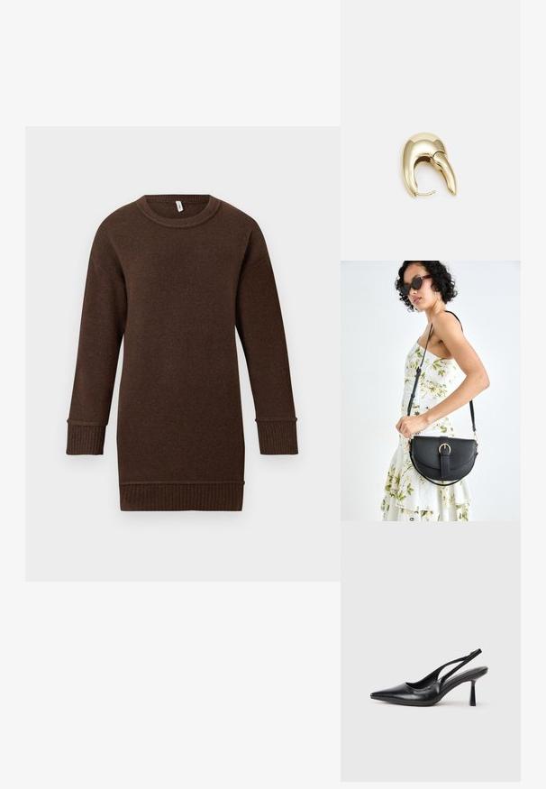 Pull en maille marron à manches longues avec des poignets côtelés, un ourlet et un col ras du cou, présenté sur un fond blanc.; Chaussure à talon haut en cuir noir, à bride arrière, avec un bout pointu et un talon fin sur fond blanc.; Sac à main en cuir noir avec une forme courbée, bandoulière amovible et des accessoires en or. Le sac est doté d'un rabat avec un détail de boucle.; Boucle d'oreille en métal doré avec un design élégant et courbé. Présente une forme conique distinctive, une surface polie et une fermeture à charnière.