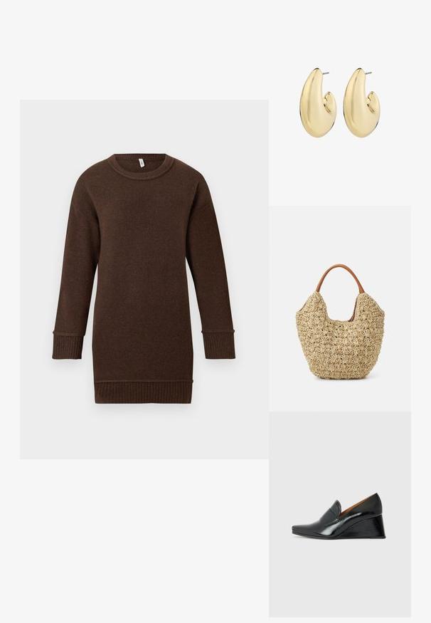 Mutsloze, bruine gebreide trui met lange mouwen, ribbels aan de manchetten, zoom en ronde halslijn, getoond op een witte achtergrond.; Chie Mihara VECINO - Sleehakken - black; Geweven rieten tas met een natuurlijke textuur en een zachte, organische vorm, met bruine leren handvatten voor eenvoudig dragen.; Gouden oorbellen met een glad, rond formaat, een gepolijste afwerking en een haaksluiting voor veilige bevestiging.