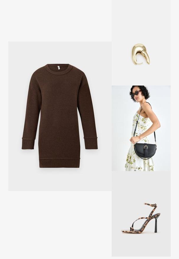 Long-sleeve brown knitted sweater with ribbed cuffs, hem, and crew neckline, displayed on a white background.; Strappy high-heeled sandals with a square toe, featuring a leopard print pattern in shades of brown and black on a glossy finish.; Black leather handbag with a curved shape, detachable strap, and gold hardware. The bag features a flap with a buckle detail.; Gold-tone metal earring with a sleek, curved design. Features a distinctive pointed shape, polished surface, and hinge closure.