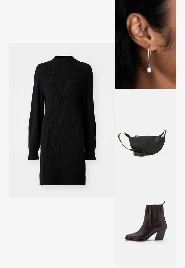 Kootud must kleit, millel on kõrge kaelus, pikad varrukad, soonikkoes ja sirge siluett. Nähtavaid mustreid ega aktsente pole.; Tumedat pruunid nahast pahkluu saapad terava ninaga, külgedel vertikaalsed sooned ja keskmise kõrgusega plokkninaga.; Mustmust kott poolkuu kuju, tekstuurse pinnaga, kuldne tõmblukk ja lame rihm. Kompaktne disain, mis sobib igapäevaste essementide jaoks.; Hõbedane rõngaskõrvarõngas, millel on vertikaalne riputus ja üksvalge pärl. Disain on elegantne, sujuva ja poleeritud pinnaga.