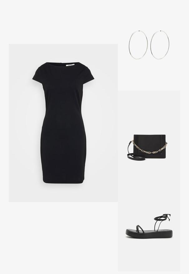 Juoda prigludusi suknelė su trumposiomis rankovėmis, apvaliu iškirpimu ir paslėptu užtrauktuku nugaros pusėje; lygi medžiaga su matinėmis apdailomis.; Juodos plokščios sandalai su plačiu padu, plonomis juostelėmis ir reguliuojamu raiščiu ant kulkšnies. Lygus paviršius su minimalistišku dizainu.; Juodas odinis per petį nešiojamas krepšys turi lygų paviršių, stačiakampio formą ir metalinę grandinėlę priekyje. Pridedama reguliuojama dirželis.; Sidabriniai auskarai-žiedai su lygiu, apvaliu dizainu ir blizgiu paviršiumi. Jie yra ploni ir lengvi, turintys paprastą užsegimą.