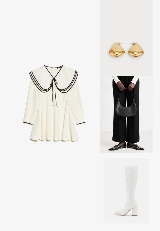 Cream long-sleeve dress with large sailor collar featuring black trim and tie, pleated skirt, and black edging on cuffs.; RAID CANNON - Platform boots - white; Black leather shoulder bag with a rounded shape, glossy finish, and silver hardware. Person wearing black wide-leg pants and studded loafers.; Gold-tone metal earrings with a smooth, rounded triangular shape and post-back design; reflective surface with minimal detailing.