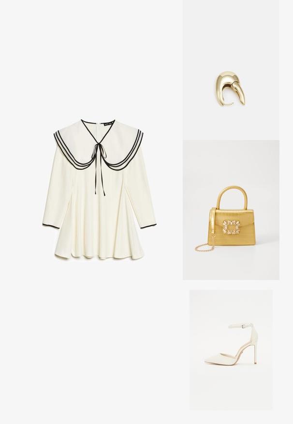 Cremefarvet langærmet kjole med stor sømandskrave, der har sort kant og bånd, plisseret nederdel og sorte kanter på ærmerne.; Hvide læder højhælede sko med spids tå og tynd ankelrem. Har en stiletto hæl og minimalistisk design.; Gul faux-krokodille skuldertaske med struktureret design, top-håndtag, aftagelig kædetraske og dekorativ krystaldekoration på låsen.; Guldtonet metal ørering med et slankt, buet design. Har en karakteristisk spids form, poleret overflade og hængselåbning.
