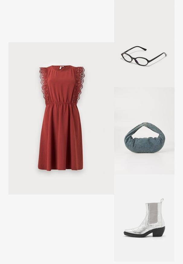 Red dress with short lace-trimmed sleeves, round neckline, and elastic waist. Made of soft fabric, featuring a relaxed A-line silhouette.; Silver metallic ankle boots with pointed toes, textured upper, elastic side panels, and a sculpted black heel. Decorative stitching pattern.; Black oval-frame glasses with translucent purple accents on the lenses. Frames have a matte finish and slender, straight temples.; Blue denim bag with a padded, rounded shape and a curved handle. The texture is soft, featuring visible stitching and a smooth finish.