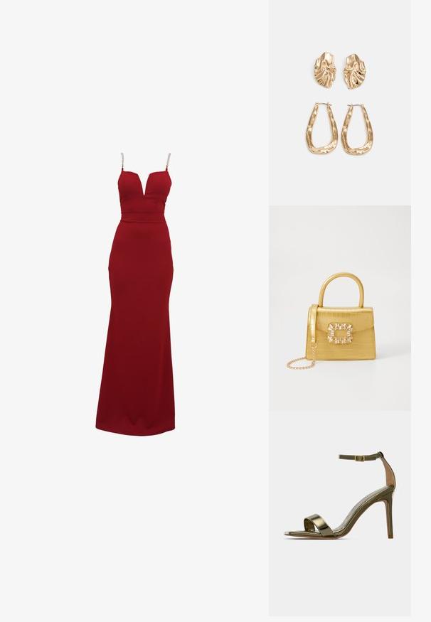 Red sleeveless dress with a deep V-neckline and fitted silhouette. Features crystal-embellished straps and a full-length skirt. Soft fabric.; Gold high-heeled sandal with ankle strap and buckle, open toe, slim stiletto heel, and shiny metallic finish on a plain background.; Yellow faux-crocodile handbag with a structured design, top handle, detachable chain strap, and decorative crystal embellishment on the clasp.; Gold-tone earrings featuring textured, wavy shapes. Includes sculptural clip-on studs and open hoop design with a hammered finish.