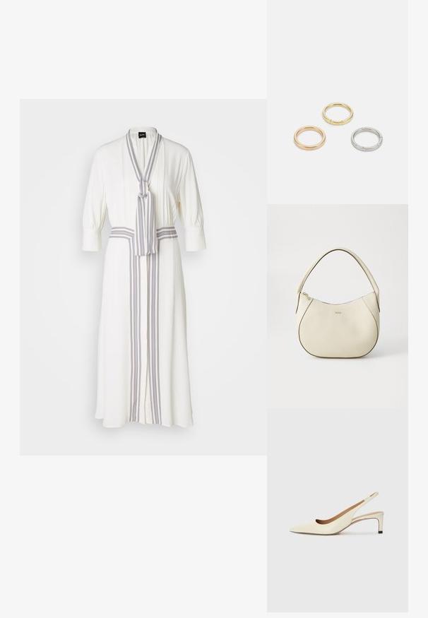 Balta suknelė su apvyniojimo dizainu, turinti dryžuotą raištį apykaklėje ir centrines dryžuotas detales priekyje, trijų ketvirčių rankovėmis.; Smailo nosiu slingback bateliai off-white oda, su žemu kulnu ir išpjovimo dizainu, turintys lygų paviršių ir minimalų akcentų skaičių.; Grietos spalvos rankinė su tekstūruotu paviršiumi, kreivos formos, trumpa rankena ir auksinės spalvos logotipo detalė. Užtrauktuko uždarymas viršuje.; Trys metalinės žiedai: vienas rožinės aukso, vienas auksinis su tekstūruotais akcentais ir vienas sidabrinis, visi su įmintu ženklinimu vidinėje juostoje.