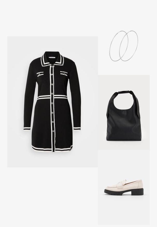 Sort kjole med krave, hvid kant, to brystlommer og sølvknapper. Lavet af strikket stof, langærmet design.; Lys beige læder loafers med en syet front og en tekstureret sort platformhæl. Har et buet design og en let hævning.; Sort læder hobo taske med et enkelt, blødt, rundt håndtag; har en glat tekstur og et minimalistisk design. Ingen synligt hardware eller accenter.; Sølvøreringe med et minimalistisk design. Cirkulær form, glat tekstur og tynd profil. Letvægtige med en poleret overflade.