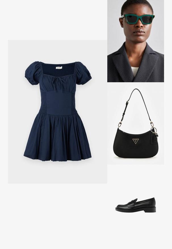 Granatowa sukienka z bufiastymi rękawami, kwadratowym dekoltem i marszczonym korpusem. Rozkloszowana spódnica z marszczonego materiału, wykonana z lekkiej bawełny.; Czarne skórzane mokasyny z okrągłym noskiem, charakteryzujące się wyraźnym, przeszytym detalem na wierzchu oraz niskim słupkowym obcasem dla większej stabilności.; Zielone i wzorzyste okulary przeciwsłoneczne z geometryczną oprawką; ciemne soczewki; modelka nosi teksturowaną czarną marynarkę na jasnej bluzce.; Czarna syntetyczna torba na ramię o zaokrąglonym kształcie, z teksturowanym wykończeniem, złotym logo w kształcie trójkąta i odczepianymi akcentami ze sprzętu.