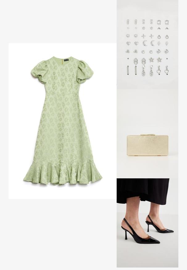 Light green dress with puff sleeves, floral textured fabric, and a flared ruffled hem. Features a back zipper for closure.; Black patent leather slingback heels with pointed toes and clear cutouts at the front, positioned on a plain light surface.; Gold clutch purse with a smooth metallic finish, rectangular shape, and a simple clasp closure. No visible patterns or decorations.; Set of silver earrings featuring various designs: studs, hoops, and drop styles with sparkling embellishments in geometric and themed shapes.