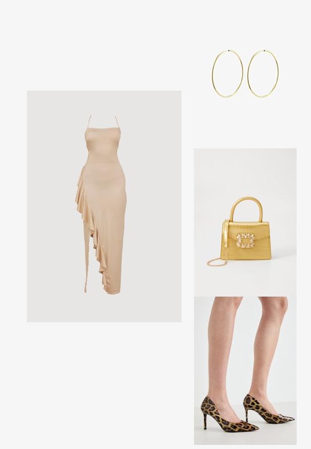 Nude satin dress with a fitted bodice and asymmetrical ruffle detailing on the left side, featuring thin adjustable straps.; Leopard print high heels made of glossy material, featuring a pointed toe and a stiletto heel, showcasing a textured animal pattern.; Yellow faux-crocodile handbag with a structured design, top handle, detachable chain strap, and decorative crystal embellishment on the clasp.; Gold hoop earrings with a smooth, rounded design. Thin and lightweight, featuring a continuous loop without any embellishments.