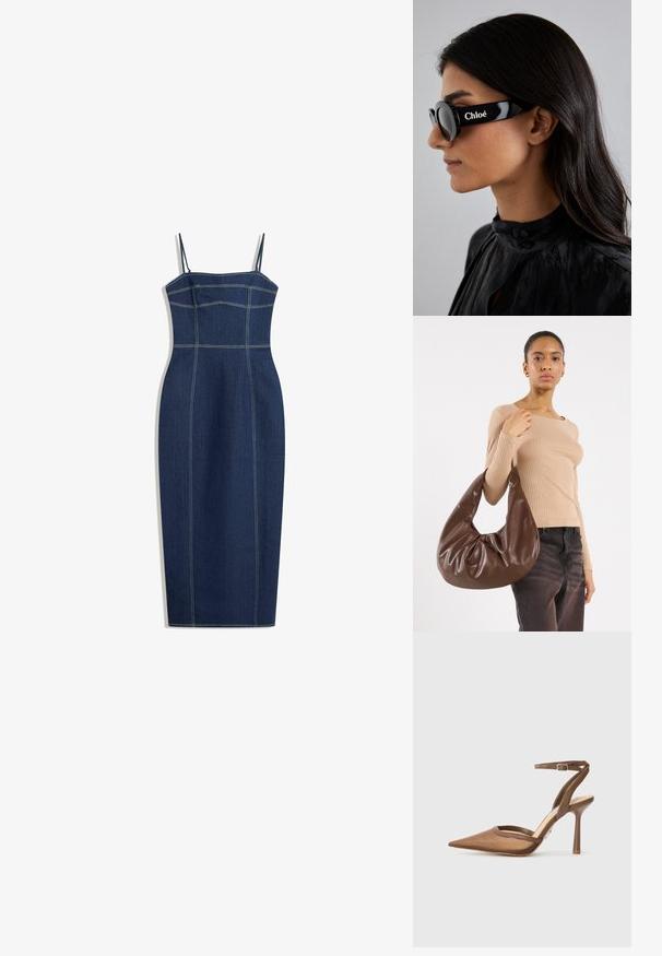 Farkkutekoinen bodycon-mekko, jossa on ohuet säädettävät hihnat, tummansininen väri, jossa on kontrastiväriset keltaiset ompeleet ja istuva siluetti.; Steve Madden ALLIANCE - Korolliset avokkaat - brown; Musta aurinkolasit pyöreillä linsseillä ja rohkeilla, kulmikkailla kehyksillä, joissa on brändi "Chloé" valkoisena sivussa. Tasainen, kiiltävä pinta.; Ruskea nahkainen hobo-laukku, jossa on löysä muotoilu ja sileä pinta. Mallin päällä rento asuste, jossa on suuri aukko ja pyöreä muoto.