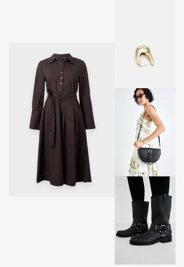 Barna, hosszú ujjú ruha gombos elülső részel, gallérral és övvel ellátott derékkal. Áramló szoknyával és oldalsó zsebekkel rendelkezik. Simább anyagú textúra.; ONLY SHOES ONLBAX - Cowboy és motoros csizmák - black; Fekete bőrtáska ívelt formával, levehető pánttal és arany színű fémrészekkel. A táskán egy csattal díszített fedél található.; Aranyszínű fém fülbevaló, elegáns, ívelt formával. Különleges hegyes alak, fényes felszín és zsanéros záródás jellemzi.