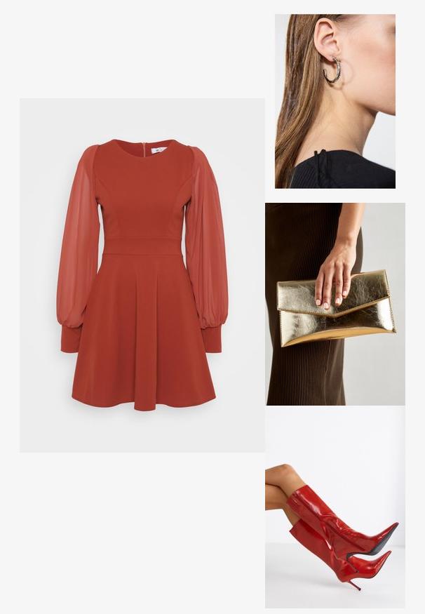Red dress with short puffed sheer sleeves, fitted bodice, flared skirt, and a back zipper. Made of textured fabric with a smooth finish.; Red, high-gloss, thigh-high boots with a pointed toe and stiletto heel. Features a side zipper and a smooth, sleek finish.; Gold metallic clutch bag with a smooth texture, featuring a triangular flap closure. The hand holding it has neatly manicured nails.; Silver hoop earring with a polished finish, featuring small gold accent details and a round shape, worn on the lobe.