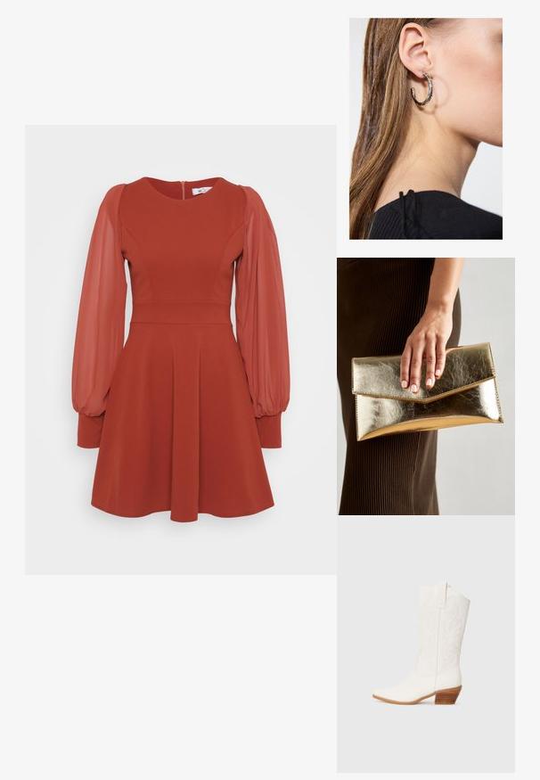 Red dress with short puffed sheer sleeves, fitted bodice, flared skirt, and a back zipper. Made of textured fabric with a smooth finish.; White western-style ankle boots with a pointed toe, textured fabric, embroidered design, and a stacked wooden heel.; Gold metallic clutch bag with a smooth texture, featuring a triangular flap closure. The hand holding it has neatly manicured nails.; Silver hoop earring with a polished finish, featuring small gold accent details and a round shape, worn on the lobe.