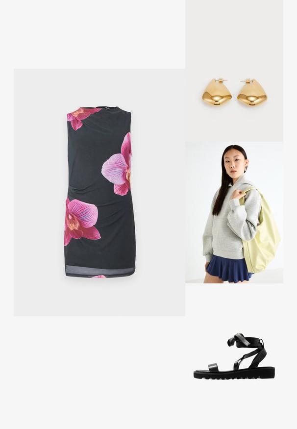 Fekete ujjatlan ruha nagy rózsaszín orchidea mintákkal, sima textúrával, testhez álló fazonnal, oldalt ráncolással, térd hosszúságú.; Fekete szandálok textúrázott talppal, karcsú pántokkal és csomózott dizájnnal. Sima anyagból készült, modern formájú és nyitott orrú.; Szürke, bő szabású kapucnis pulóver, kenguruzsebbel, egy navy kék, bővülő szoknyával párosítva. Kiegészítő: nagy, világos sárga hátizsák, sima textúrával.; Aranyszínű fém fülbevalók sima, lekerekített háromszög alakúak, tűs hátlappal; tükröződő felület minimális díszítéssel.