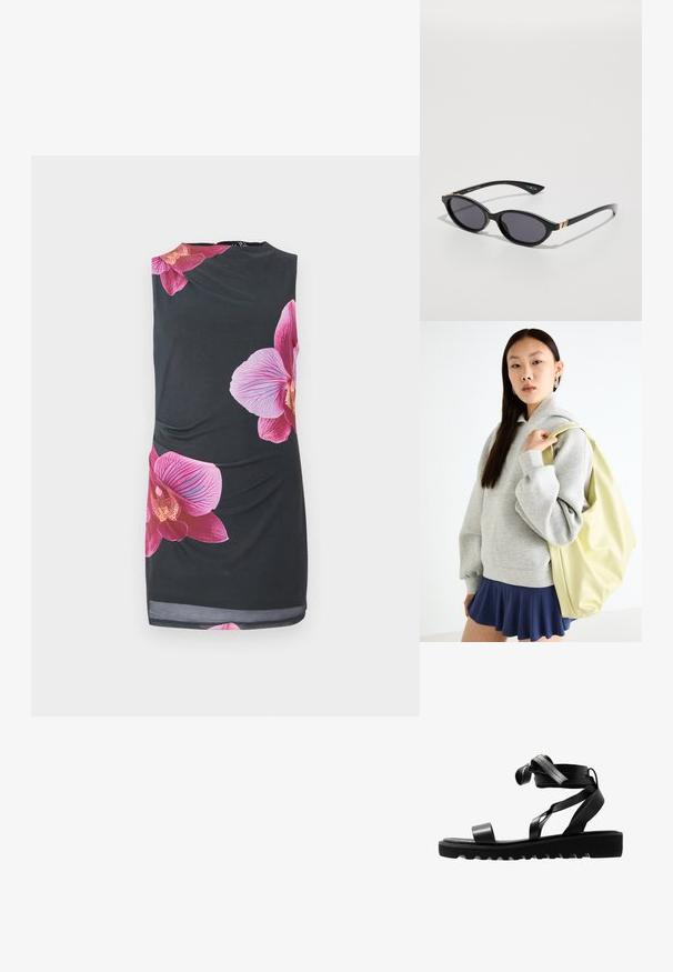 Černé bezramínkové šaty s velkými růžovými orchideovými potisky, hladká textura, přiléhavý střih s nařasením po straně, délka po kolena.; Černé sandály s texturovanou podrážkou, s úzkými pásky a uzlovým designem. Vyrobené z lesklého materiálu, moderního tvaru a s otevřenou špičkou.; Černé sluneční brýle s oválnými čočkami, tmavým gradientním zabarvením a štíhlými rameny s jemnými zlatými akcenty. Hladký plastový povrch.; Šedá oversized mikina s klokaní kapsou, spárovaná s námořnickou áčkovou sukní. Doplňky: velký světle žlutý batoh s hladkým povrchem.