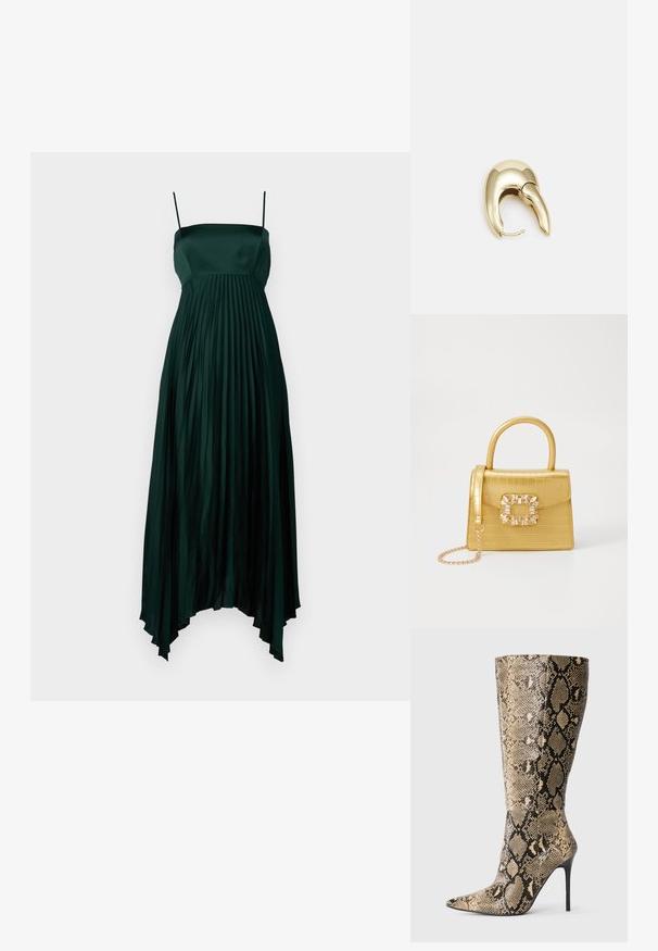 Ciemnozielona satynowa sukienka z cienkimi ramiączkami, z plisowanym wzorem i asymetrycznym dołem. Gładka, lekko płynąca tekstura.; Botki na obcasie w kształcie stiletto do kolan, z ostrym noskiem i wzorem w beżowo-czarnego węża, zaprezentowane z boku na jednolitym tle.; Żółta torebka z faux-krokodylka o wyrafinowanej konstrukcji, z górnym uchwytem, odpinanym łańcuszkiem oraz dekoracyjnym kryształowym zdobieniem na zapięciu.; Złote metalowe kolczyki o eleganckim, zakrzywionym kształcie. Posiadają charakterystyczny szpiczasty kształt, polerowaną powierzchnię oraz zapięcie na zawias.
