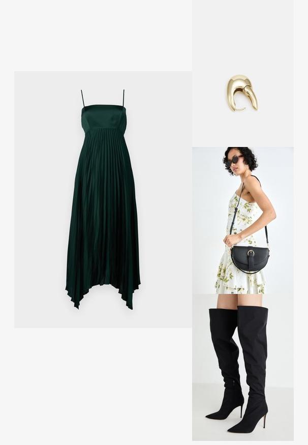 Temnozeleno satenasto obleko z tankimi naramnicami, ki ima plisirano obliko in asimetrično spodnje rob. Gladek, tekoč material skozi celotno obleko.; Črne nadkolenske škornje iz gladkega materiala, s podolgovatim nosom, visokim stiletto peto in stranskim zadrgo.; Črna usnjena torbica s ukrivljeno obliko, z odstranljivo naramnico in zlatimi dodatki. Torbica ima pokrov s podrobnostmi v obliki zaponke.; Uhane nakit iz zlatastega tona z gladko, ukrivljeno zasnovo. Ima edinstveno koničasto obliko, polirano površino in zaponko s tečajem.