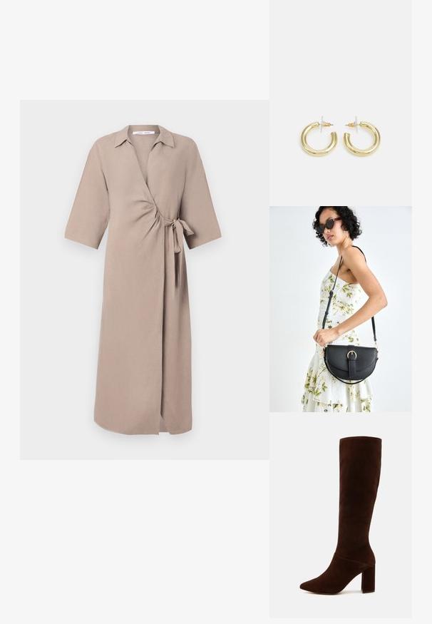 Rochie bej dintr-un material ușor, cu decolteu în V, mâneci scurte și un accent legat la talie. Design de lungime medie.; Botă înaltă din suede maro, cu vârf ascuțit și toc pătrat robust. Textură netedă, cu un guler ajustat și fără închideri vizibile.; Geantă din piele neagră, cu o formă curbată, curea detașabilă și accesorii aurii. Geanta are un capac cu un detaliu tip cataramă.; Cercei cercuri din aur cu un finisaj neted și strălucitor. Design circular cu un mic suport și un spate transparent pentru o purtare sigură.