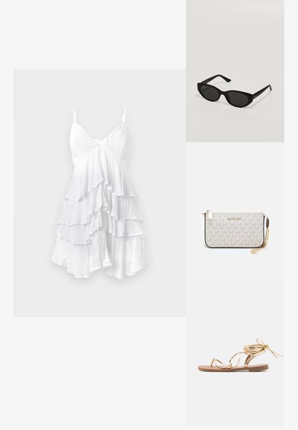 Valkoinen hihaton mekko, jossa on röyhelökerrokset, valmistettu kevyestä kankaasta, jossa on rei'itettyjä kuvioita ja hieno rakenne. V-aukkoinen muotoilu.; Kultaiset metalliset sandaalit, joissa on kapea pohja, koristeelliset remmit ja ympärille kiedottava nilkkavarsi. Lestissä on ruskea, sileä pinta.; Mustat aurinkolasit, joissa on kapea kissamainen muoto. Valmistettu sileästä muovista, tummilla linsseillä ja hienovaraisilla logokorostuksilla temples.; Michael Kors kääröbeige pinnoitettua kangasta, jossa on toistuva MK-logo -kuvio, kultaiset yksityiskohdat ja irrotettava ketjuhihna.